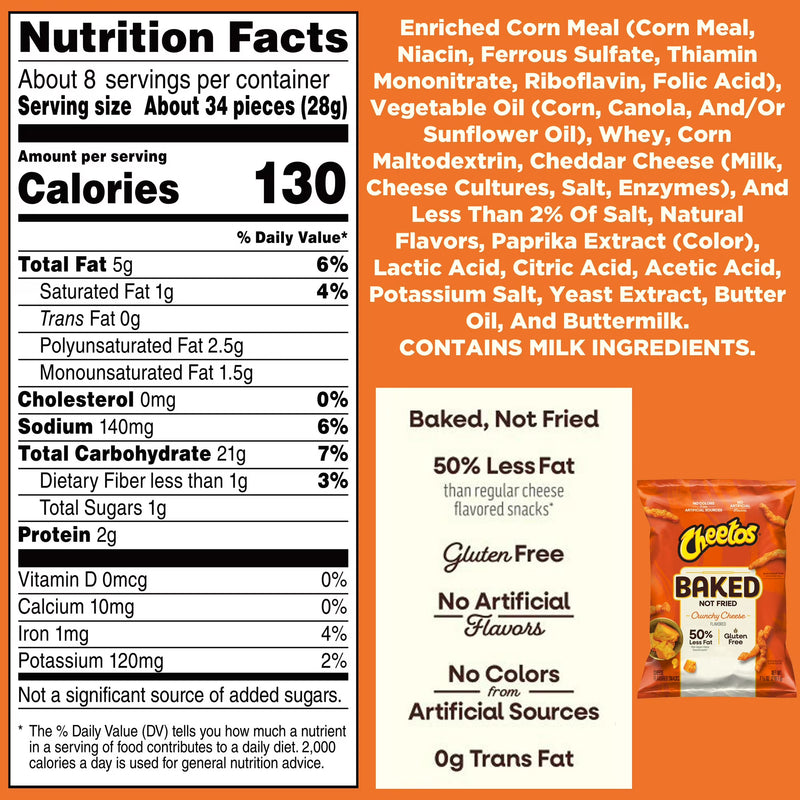 Baked Cheetos Crunchy 50% Less Fat Cheese Flavored Snacks Bag, 7.625 oz
