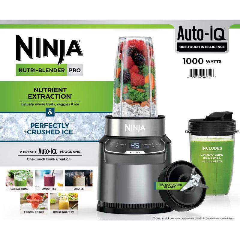 Ninja Nutri Pro Compact Personal Blender, 18-Oz and 24-Oz To-Go Cups & Spout Lids, Auto-iQ Technology, Smoothies, Crush, BN400 Stone Silver