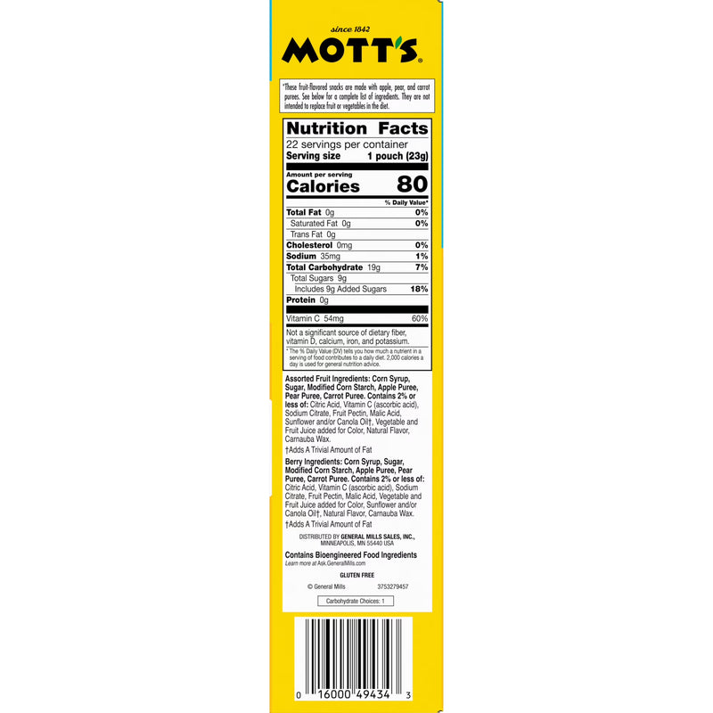 Mott's Berry and Assorted Fruit Flavored Snacks, Gluten Free, Value Pack, 22 Count, 17.6 oz