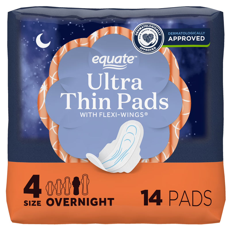 Equate Ultra Thin Pads with Flexi-Wings, Overnight Absorbency, Size 4, 14 Count