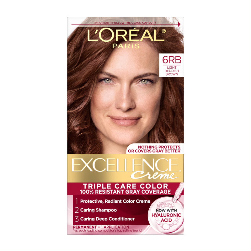 L'Oreal Paris Excellence Creme Permanent Hair Color, Triple Care, 6RB Light Reddish Brown, 1 kit