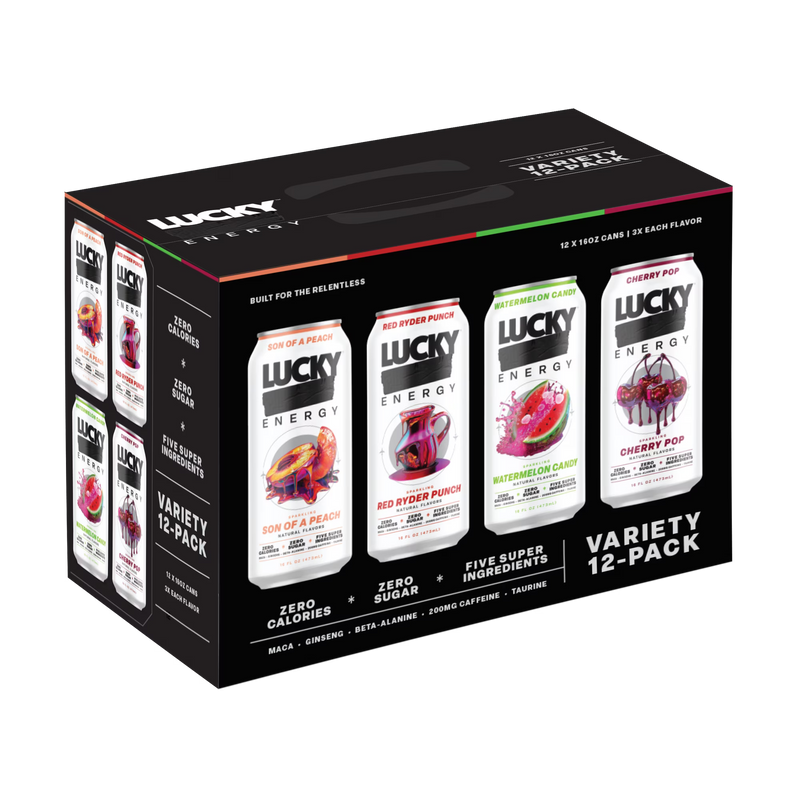Lucky Energy Sugar Free Energy Drinks 16 oz Cans (12-pack), Variety Pack with Maca, Ginseng, Taurine, Beta-Alanine, 200mg Caffeine, Zero Calories