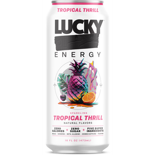 Lucky Energy Sugar Free Energy Drinks 16 fl oz Can, Tropical Thrill with Maca, Ginseng, Taurine, Beta-Alanine, 200mg Caffeine, Zero Calories