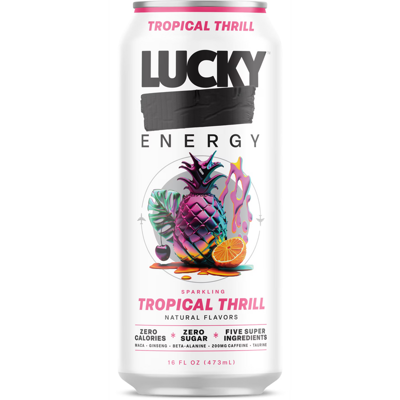 Lucky Energy Sugar Free Energy Drinks 16 fl oz Can, Tropical Thrill with Maca, Ginseng, Taurine, Beta-Alanine, 200mg Caffeine, Zero Calories