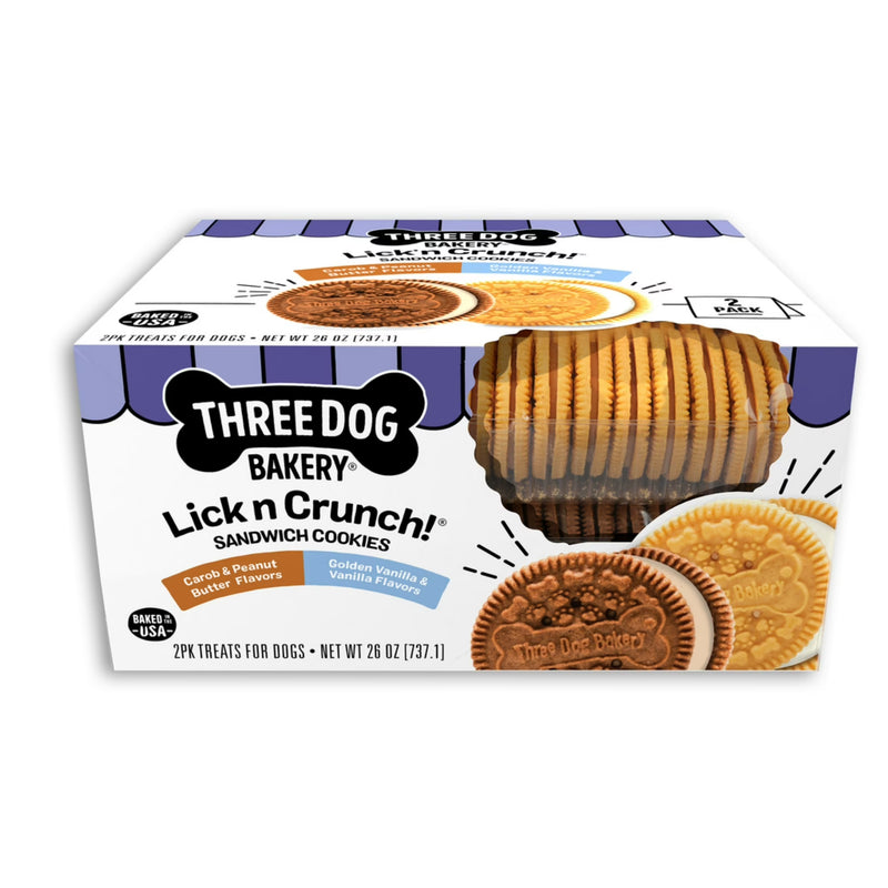 Three Dog Bakery Lick'n Crunch Sandwich Cookies, Carob and Peanut Butter and Golden and Vanilla Flavor, Crunchy Dog Treats, 26 oz.