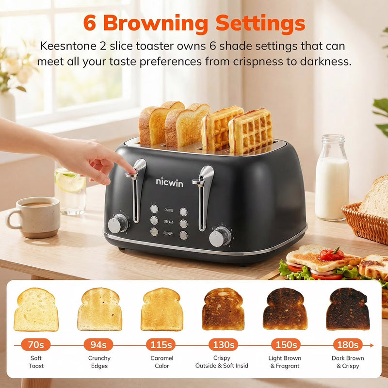 NICWIN 4 Slice Toaster, Extra Wide Slots Bread Toaster, Toast Shade Selector, Defrost & Reheat Functions for Kitchen Apartment Essentials, Black