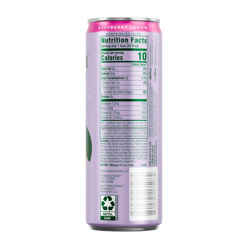 Bloom Nutrition Sparkling Energy Drink, Raspberry Lemon, 12 fl oz Cans, 6 Pack