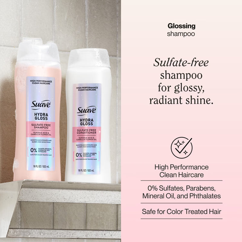 Suave Hydra Gloss Sulfate Free Shampoo with Glycolic Acid & Camellia Flower Oil, 18 fl oz