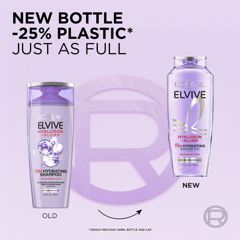 L'Oreal Paris Elvive Hyaluron Plump Hydrating Shampoo, 72H Intense Moisture, Squeeze, 13.5 fl oz