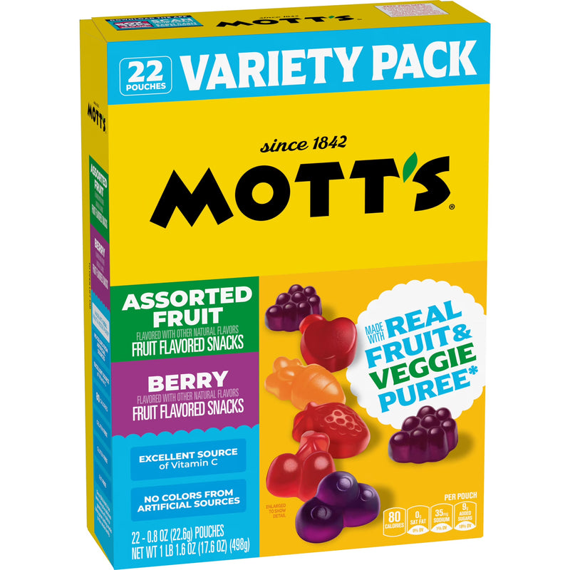 Mott's Berry and Assorted Fruit Flavored Snacks, Gluten Free, Value Pack, 22 Count, 17.6 oz