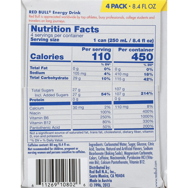 Red Bull Energy Drink, 80mg Caffeine, 8.4 fl. oz., Pack of 4 Cans