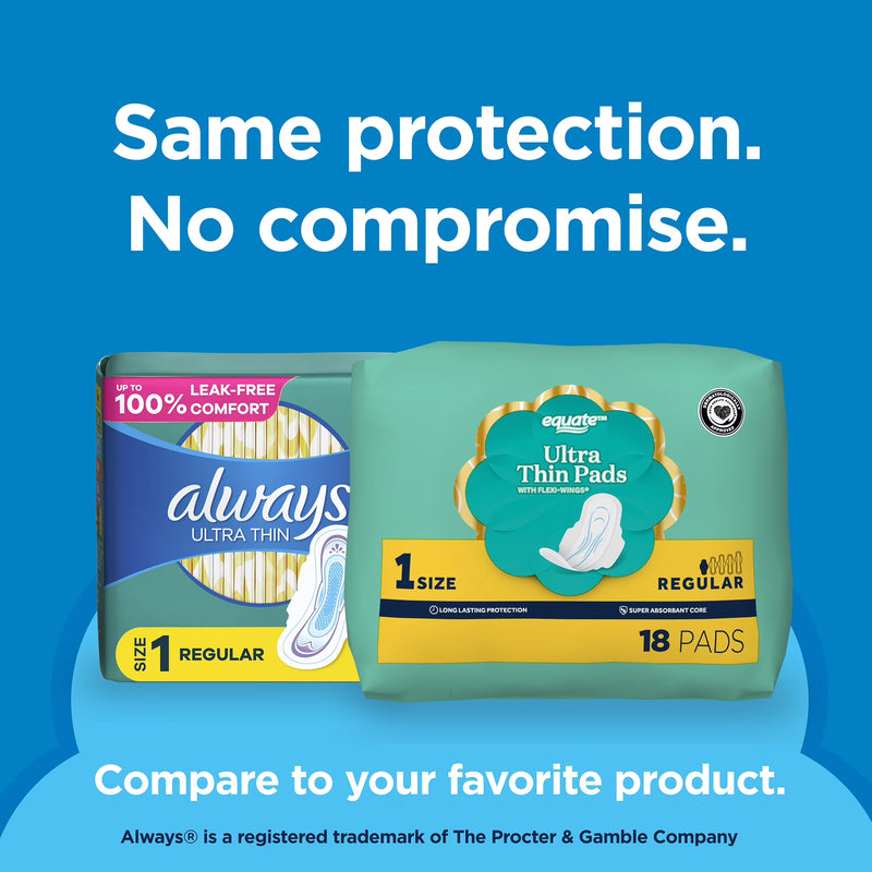 Equate Ultra Thin Pads with Flexi-Wings, Regular Absorbency, Size 1, 18 Count