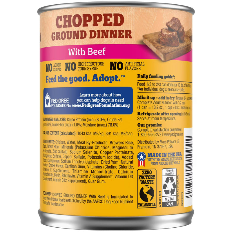 Pedigree Chopped Ground Dinner Wet Dog Food With Beef, Canned Dog Food, 13.2 oz. Cans, 12 Count