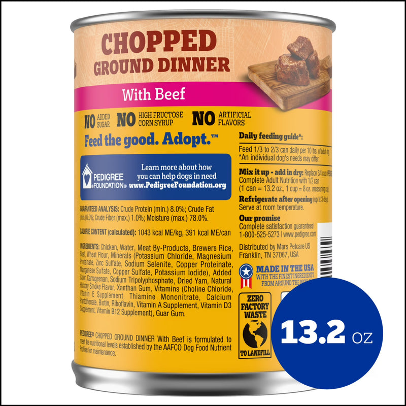 Pedigree Chopped Ground Dinner Wet Dog Food With Beef, Canned Dog Food, 13.2 oz. Cans, 12 Count