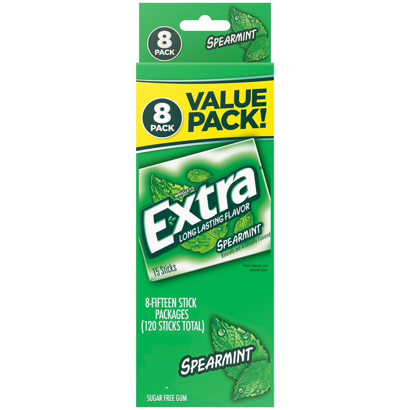 EXTRA Spearmint Sugar Free Chewing Gum, 15 Sticks per Pack, 8 Pack Bulk
