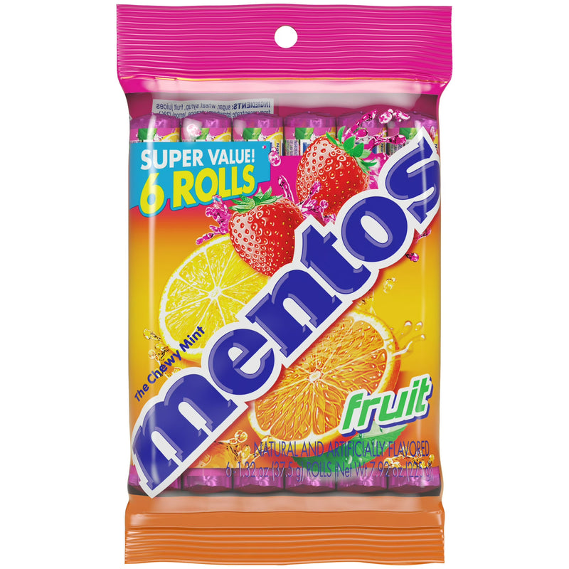 Mentos Candy, Mint Chewy Candy Roll, Fruit, Non Melting, (Pack of 6)
