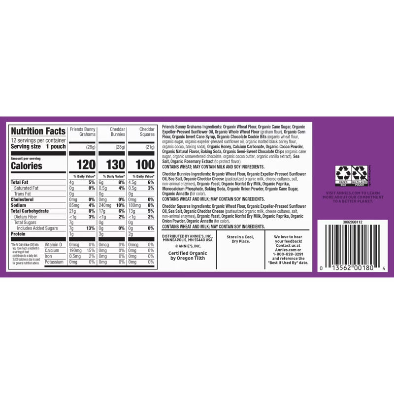 Annie's Organic Variety Pack, Cheddar Bunnies, Bunny Grahams and Cheddar Squares, 12 Count