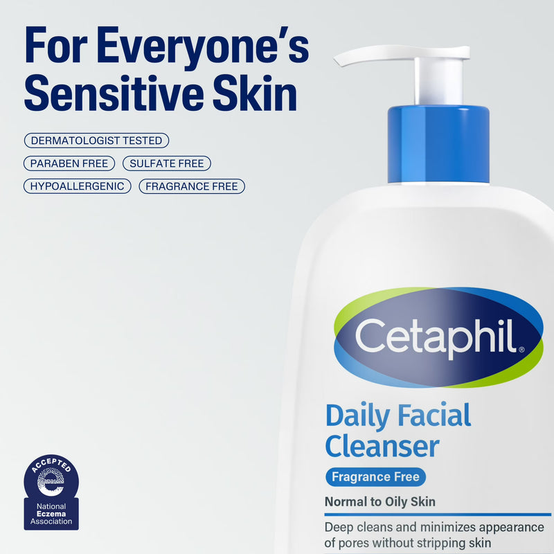 Cetaphil Daily Facial Cleanser Face Wash for Sensitive, Normal to Oily Skin, Fragrance Free, 16 oz