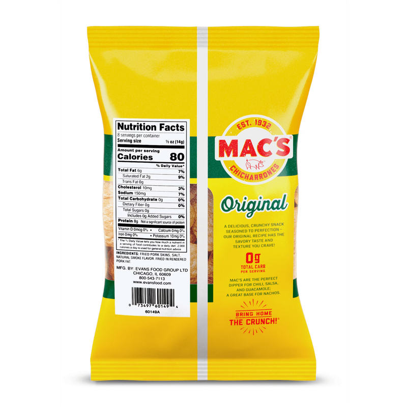 Mac's Original Chicharrones Pork Rinds, Pork Skins, 4 oz Bag