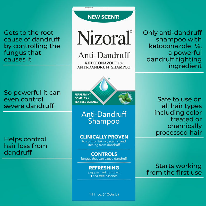 Nizoral Anti-Dandruff Shampoo with 1% Ketoconazole, 14 Fl Oz, Peppermint and Tea Tree Scent, Anti Fungal Shampoo, For All Hair Types
