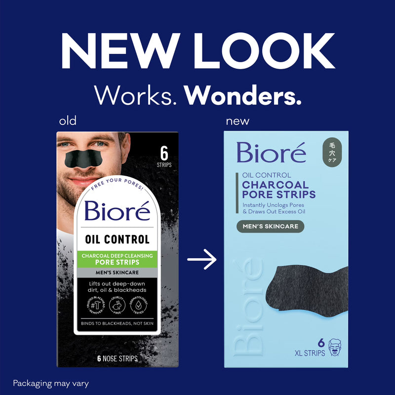 Biore Men's Skincare Charcoal Deep Cleansing Blackhead Remover Pore Nose Strips for Skin Care, 6 Ct