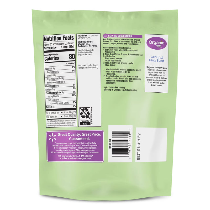 Great Value Organic Ground Cold Milled Flax Seed, 16 oz