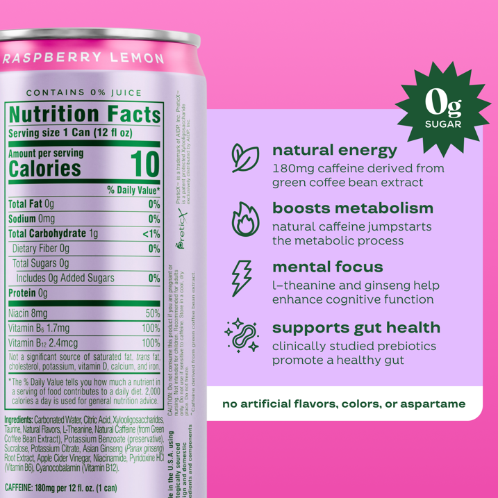 Bloom Nutrition Sparkling Energy Drink, Raspberry Lemon, 12 fl oz Cans, 6 Pack