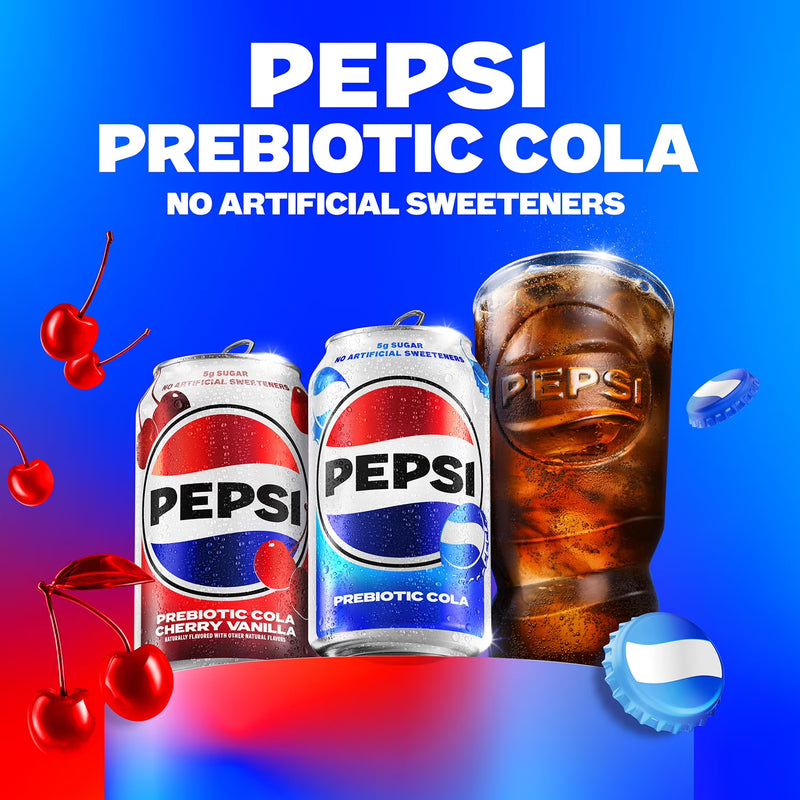 Pepsi Prebiotic Cola Soda Pop, Cherry Vanilla, 12 fl oz, 8 pack cans
