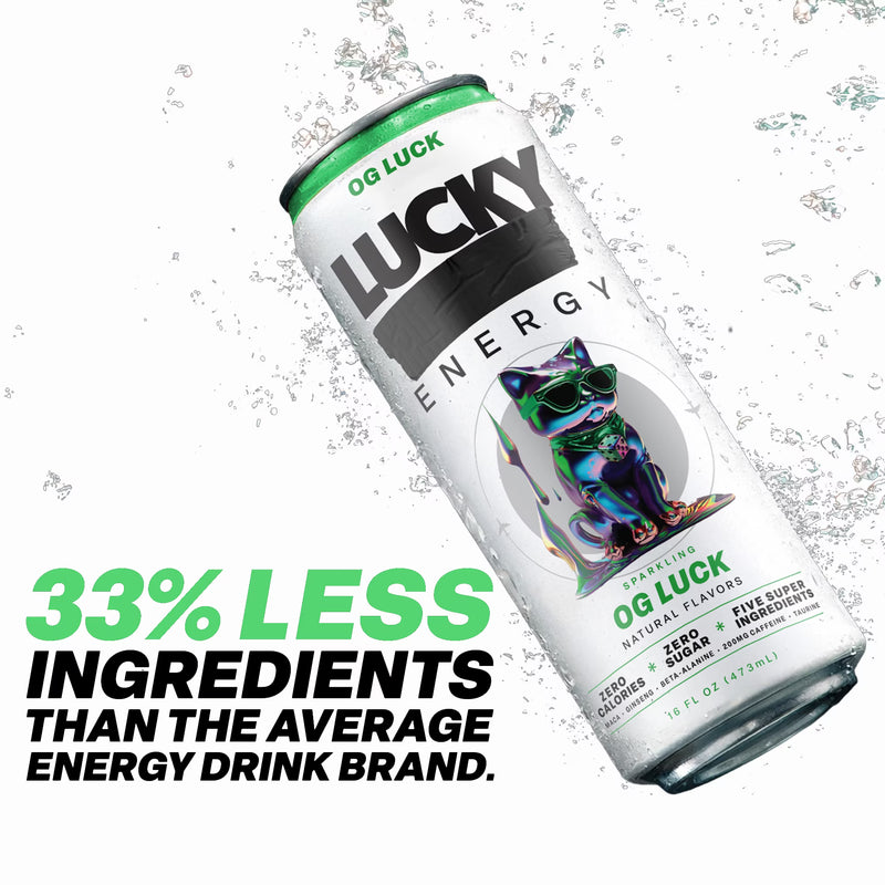 Lucky Energy Sugar Free Energy Drinks 16 fl oz Can, OG Luck with Maca, Ginseng, Taurine, Beta-Alanine, 200mg Caffeine, Zero Calories