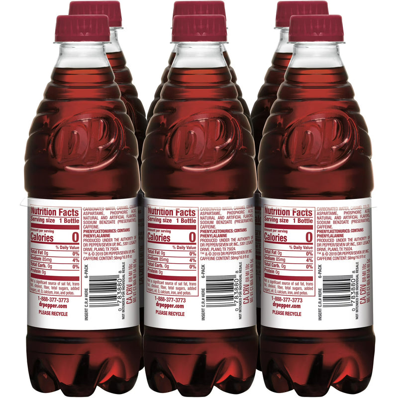Diet Dr Pepper Soda Pop, 16.9 fl oz, 6 Pack Bottles