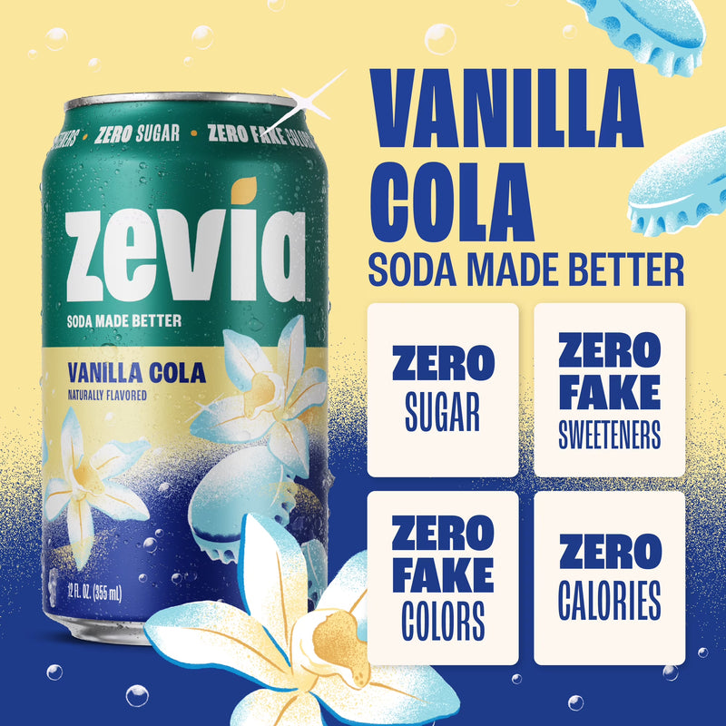 Zevia Zero Sugar, 0 Calorie Vanilla Cola Soda, 12 fl oz (Pack of 24