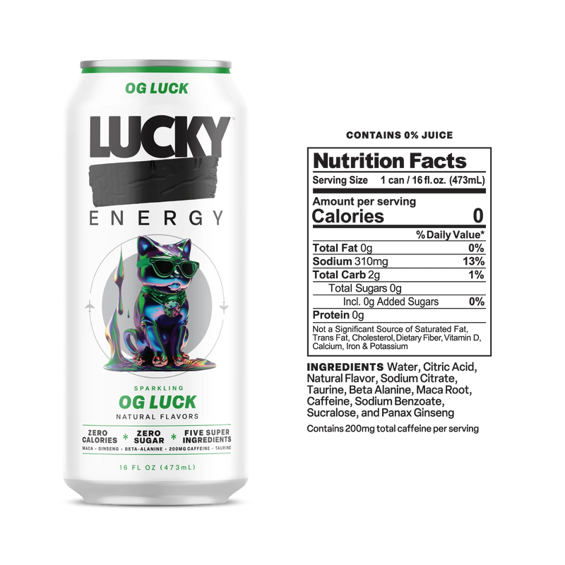 Lucky Energy Sugar Free Energy Drinks 16 fl oz Can, OG Luck with Maca, Ginseng, Taurine, Beta-Alanine, 200mg Caffeine, Zero Calories