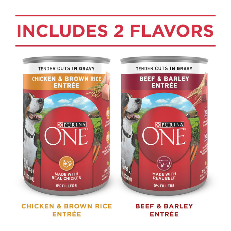 Purina ONE Tender Cuts in Gravy Chicken and Brown Rice, and Beef and Barley Entrees Wet Dog Food Variety Pack, 13 oz Cans