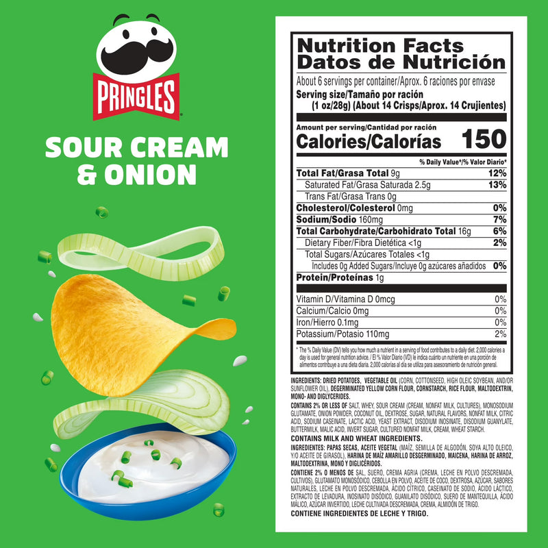 Pringles Sour Cream and Onion Potato Crisps Chips, Lunch Snacks, 5.5 oz Canister