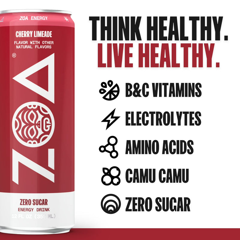 ZOA Zero Sugar Energy Drink, Cherry Limeade 12oz (12-Pack)