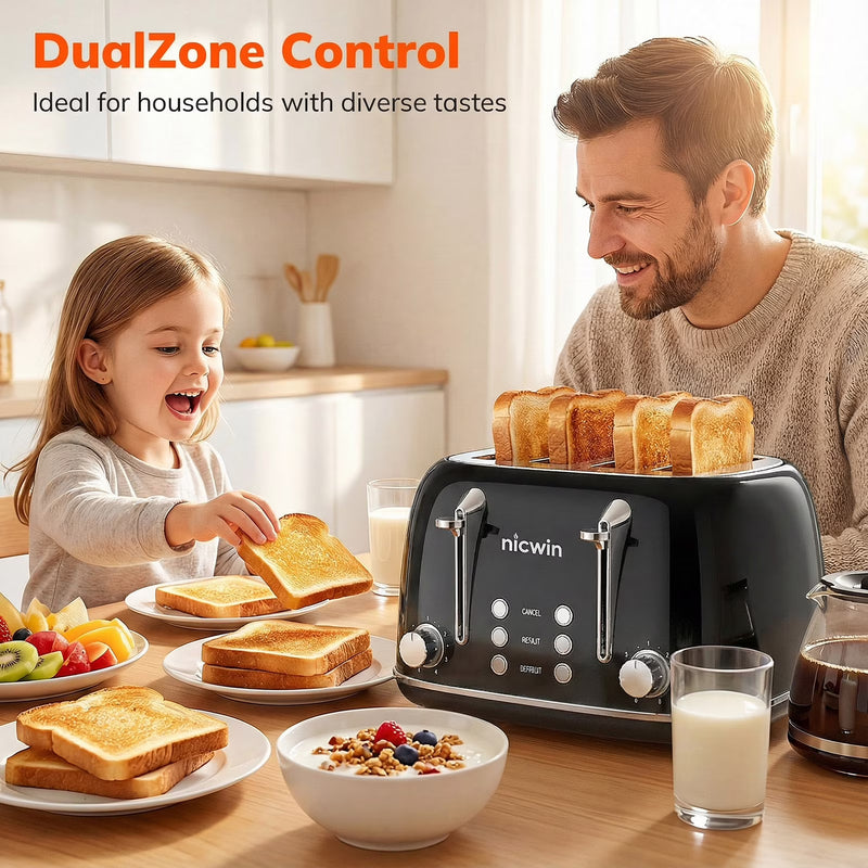 NICWIN 4 Slice Toaster, Extra Wide Slots Bread Toaster, Toast Shade Selector, Defrost & Reheat Functions for Kitchen Apartment Essentials, Black