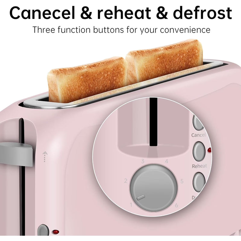2-Slice Slim Toaster, 6 Shade Settings with Cancel, Reheat & Defrost, 10" Long Slot, Auto Shut off, Removable Crumb Tray, Pink