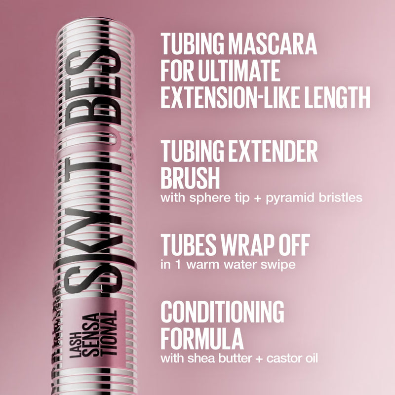 Maybelline Lash Sensational Sky Tubes Tubing Mascara Extension-Like Length Conditioning with Shea Butter + Castor Oil , Very Black, 0.23 fl oz