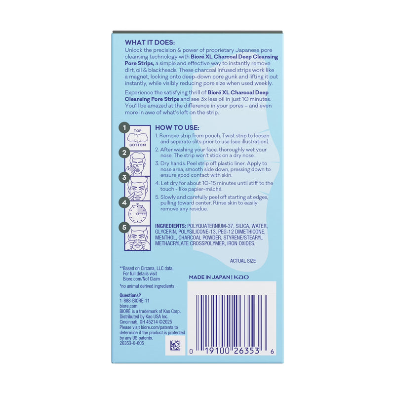 Biore Men's Skincare Charcoal Deep Cleansing Blackhead Remover Pore Nose Strips for Skin Care, 6 Ct