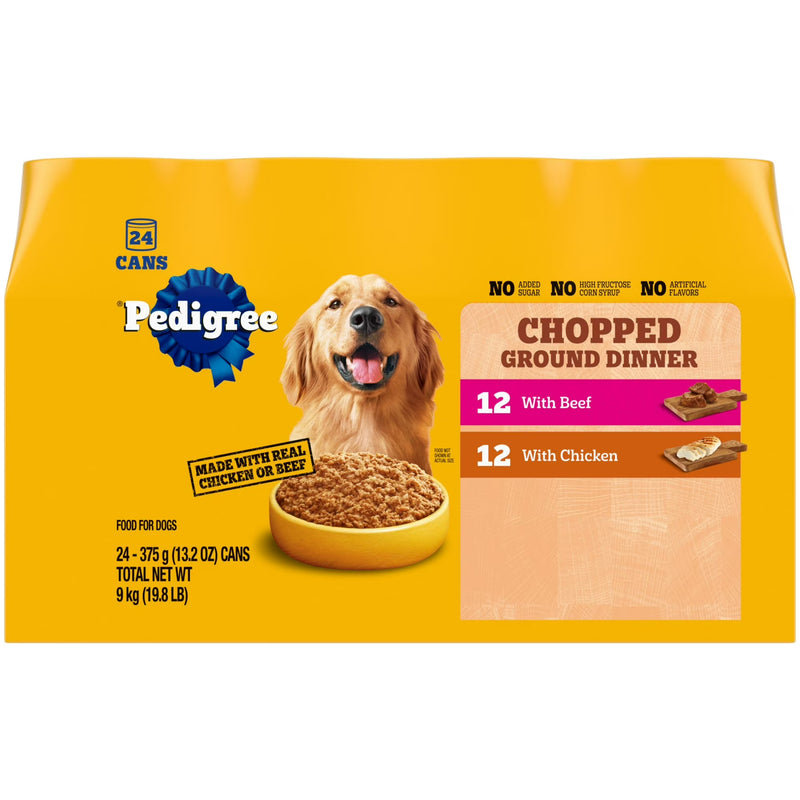 Pedigree Chopped Ground Dinner Chicken & Beef Variety Pack Wet Dog Food, (24) 13.2 Oz Cans