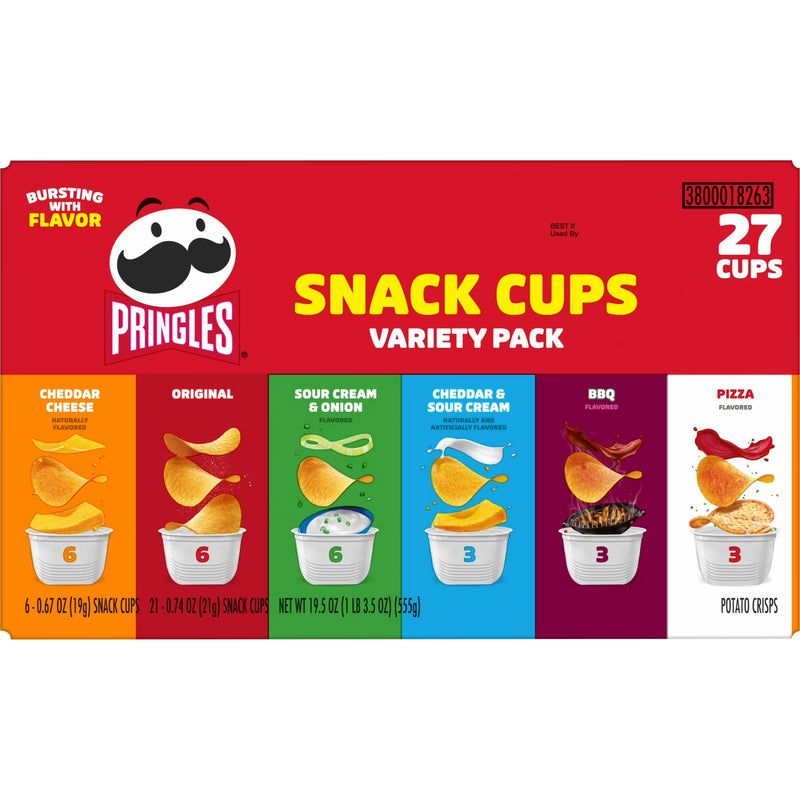 Pringles Snack Cups 6 Flavor Variety Pack Potato Crisps Chips, Lunch Snacks, 27 Count