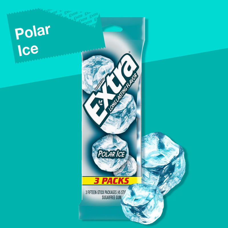 EXTRA Polar Ice Sugar Free Chewing Gum, Cool Mint Flavor, 15 Pieces per Pack, 3 Pack