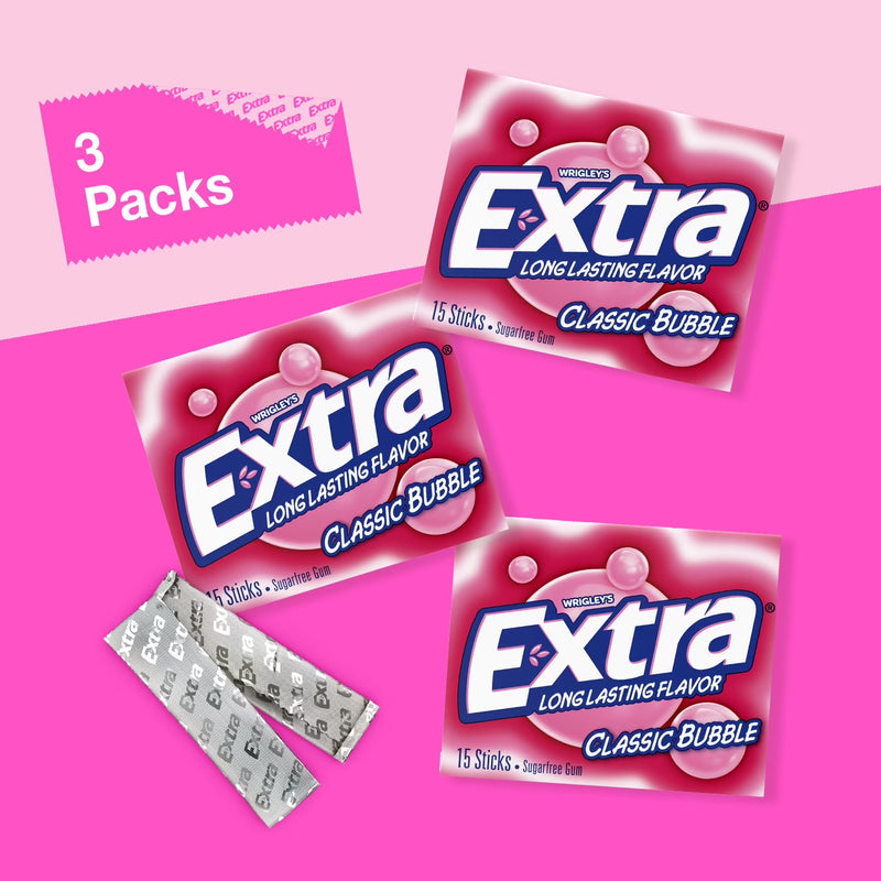 Extra Classic Bubble Sugar Free Chewing Gum - 15 Ct (3 pack)