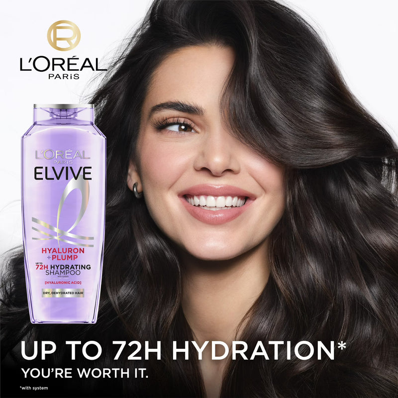 L'Oreal Paris Elvive Hyaluron Plump Hydrating Shampoo, 72H Intense Moisture, Squeeze, 13.5 fl oz