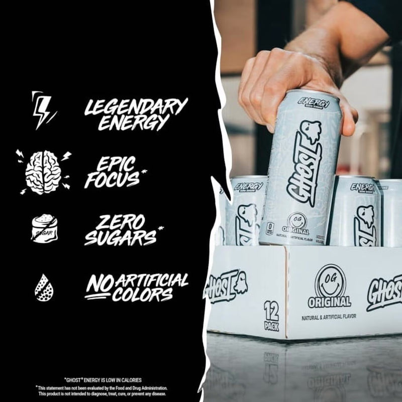 GHOST® ENERGY Zero Sugars Energy Drink, Original Flavor, 200mg Natural Caffeine, 16 fl oz, 12 Pack Cans