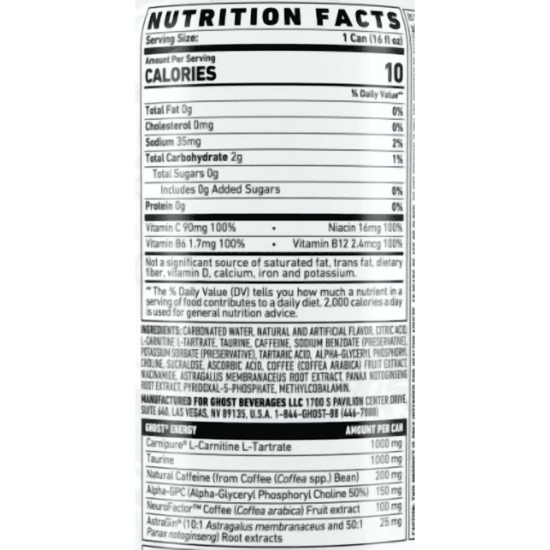 GHOST® ENERGY Zero Sugars Energy Drink, Original Flavor, 200mg Natural Caffeine, 16 fl oz, 12 Pack Cans