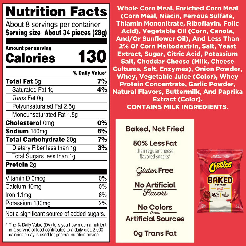 Baked Cheetos Crunchy 50% Less Fat Flamin’ Hot Cheese Flavored Snacks Bag, 7.625 oz