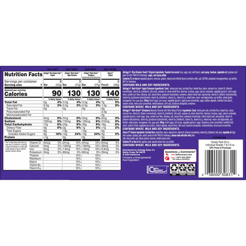Kellogg's Variety Pack Chewy Assorted Snacks, Ready-to-Eat, Lunch Snacks, 19.9 oz, 20 Count