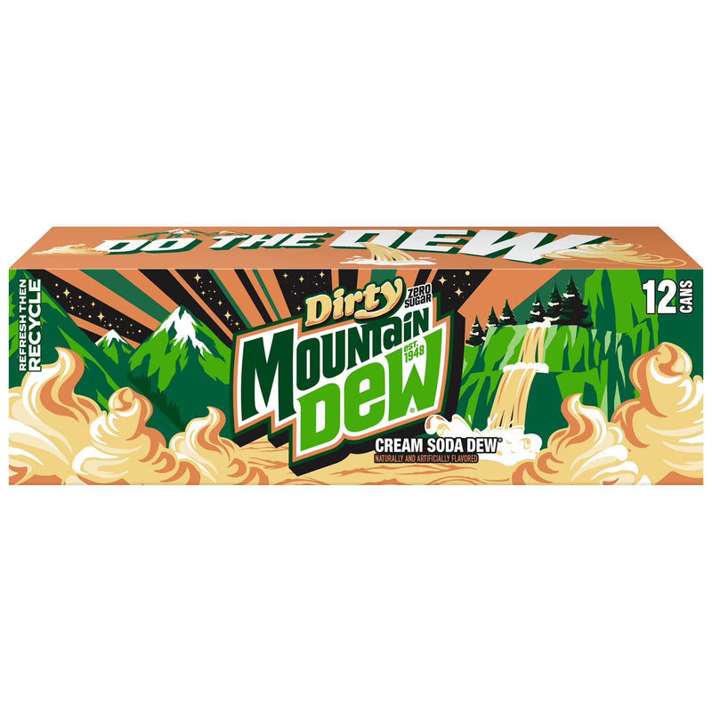 Dirty Mountain Dew Cream Soda Dew Zero Sugar Soda Pop, 12 fl oz cans, 12 pack