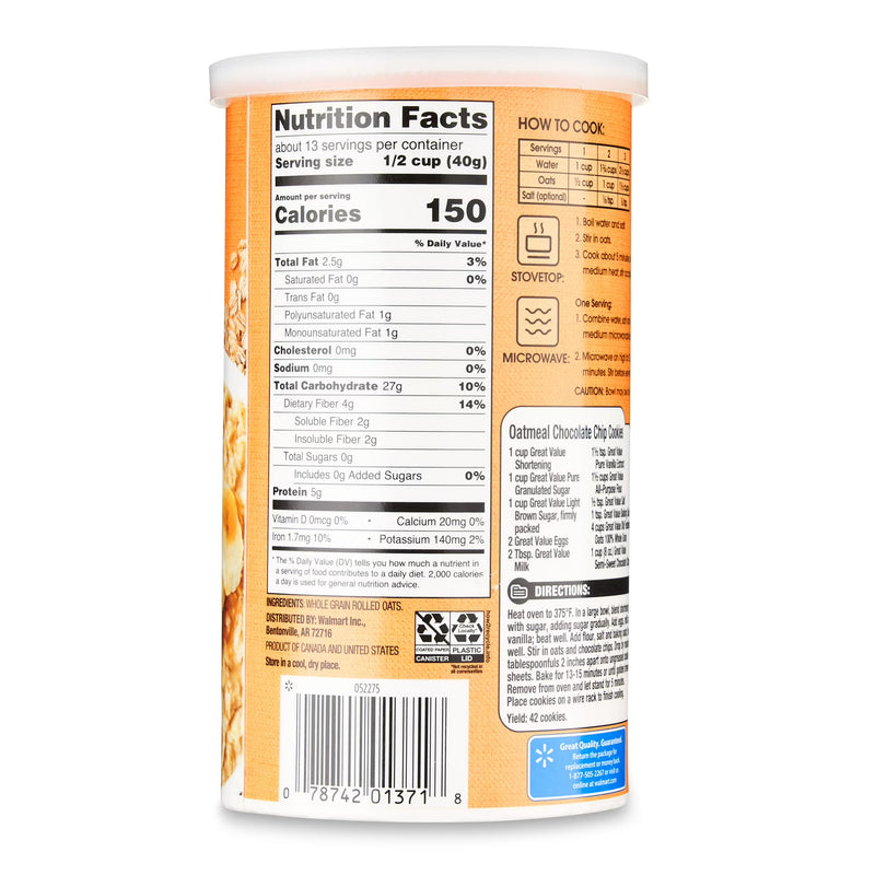 Great Value Instant Old Fashioned Oats, 18 oz Tube